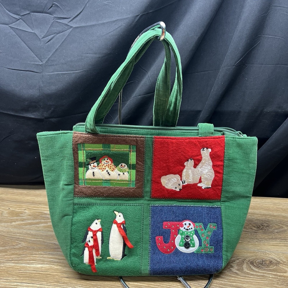 Kim Rogers Green Corduroy Christmas Embroidered Shoulder Bag Penguin Snowman